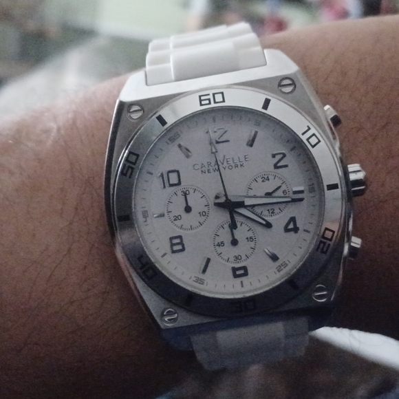 Caravelle Chronograph Stainless Steel Watch White Silicone Sport Strap